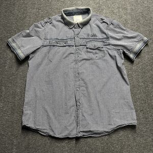 Fusai Short Sleeve Button Polo Shirt Men Size XXL 2XL Navy Checked Raw Denim